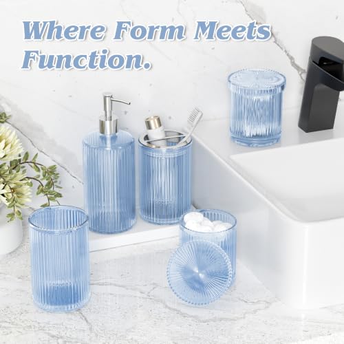 Blue Bathroom Accessories Set, 3.5 Gal Trash Can with Press-Top Lid, Glass Bathroom Set Inclued Soap Dispenser, Toothbrush Holder, Tumbler, Qtip Holders, Vintage Bathroom Sink Set Cute Bathroom Decor - color: Blue, size: 6 Pieces