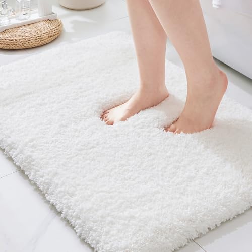 ILANGO White Bathroom Rugs 24" × 17" Non Slip & Super Absorbent Extra Thick Soft, Washable Bath Mat for Floor, Non Shedding Microfiber Plush Shaggy Bath Rug for Bathtub Shower Room Sink - color: White, size: 1'5" x 2' (17''x24'' Bathroom Rug)