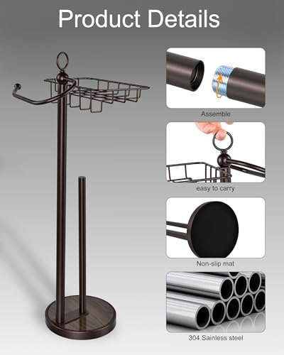 Toilet Paper Holder Free Standing with Basket for Phone & Wet Wipes, Stainless Steel 23" H with Storage, Stable Weighted Base & Rustproof for Bathroom (Rich Bronze) - color: Rich Bronze