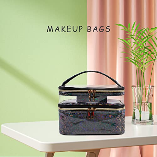 Double-layer Makeup Bag Cosmetic Bag Travel Makeup Cases Organizer Toiletry Bag Gift for Women, Portable Waterproof (Black) - color: 10-Black