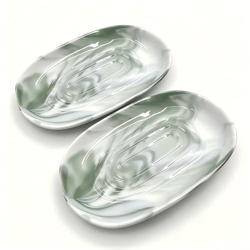 Ceramic Marble Pattern Soap Dish, Textured Raised Soap Saver Tray for Shower Bathroom Kitchen Sink Vanity, Easy to Clean Multi-Use Holder for Bar Soap Jewelry Rings Keys, Green (2 Pack) - color: Green2p