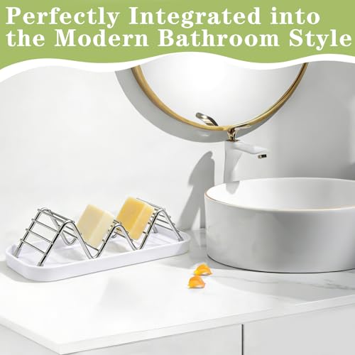 Bar Soap Holder, Stainless Steel Shampoo Bar Holder for Bathroom Shower Wave-Shaped Self Draining Soap Dish with Water Tray for Shampoo Bars, Conditioner Bars (White, 7.4"×3.2")