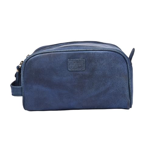LEATHER VILLAGE Genuine Leather Toiletry Travel Bag With Waterproof Lining - Blue | King-Size Handcrafted Vintage Dopp Kit Bag, Shaving & Bathroom Organizer, Gift for Men & Women - color: Blue