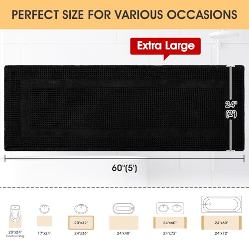 IM HOME Extra Large Waffle Bath Mat, Boho Bathroom Rugs Absorbent Non Slip, Soft Bathroom Mats, Machine Washable Knit Bath Rugs with Tassels for Bathroom, Bedroom, Kitchen, Shower, Tub, Black, 5'x2' - color: Black-looped, size: 2' x 5' (Runner)