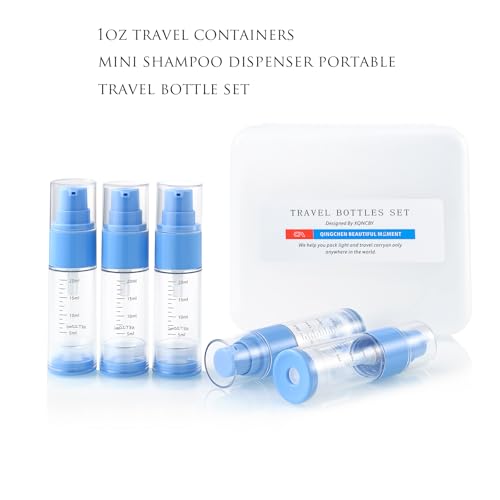 0.7oz/20ml Travel Airless Pump Bottles, 5 Pack Refillable Vacuum Cosmetic Containers with Clear Organizer Case & Labels, Small Lotion Dispenser Bottles for Skincare, Toiletries & Cosmetics - color: Blue, size: 0.7oz/20ml