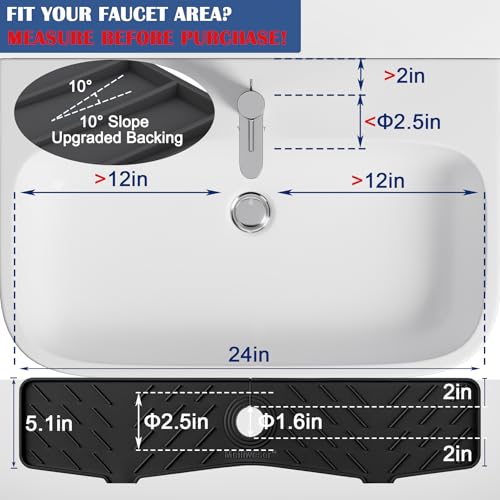 Faucet Mat for Kitchen Sink – 24” x 5.1” Extra-Long Silicone Splash Guard with 10° Slope & Upgraded Drainage – Gen 3 Sink Water Catcher & Sponge Holder for Kitchen, Bathroom (Black) - color: Black, size: 24 in
