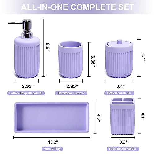 XLHOMO Resin Light Purple Bathroom Accessories Set 5 Pcs, Lotion Soap Dispenser, Toothbrush Holder, Bathroom Tumbler, Qtip Holder and Vanity Tray, Bathroom Countertop Organizer Set for Home Apartment - color: Purple, size: Resin Bath Set