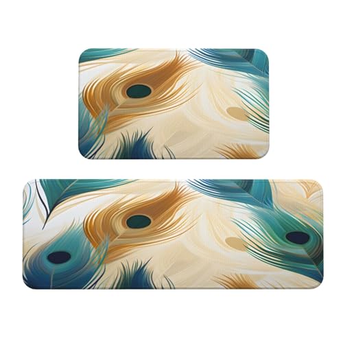 Peacock Blue Feather Pattern Kitchen Rugs Mats Set of 2 Pcs Non-Slip Floor Mats Washable Runner Rugs Set for Bathroom Laundry Hallway Kichen Comfort Standing Mat - color: Peacock Blue Feather Pattern