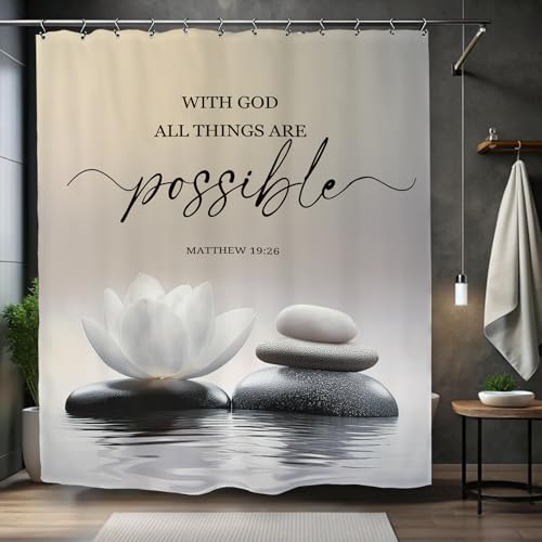 Zen Lotus Spa Shower Curtain 60Wx72L Inch Ink Quotes Meditation Inspirational Motivational Bible Bathroom Set Accessories Decor with 12 Pack Hooks - color: White Lotus, size: 60"W x 72"L (Pack of 1)