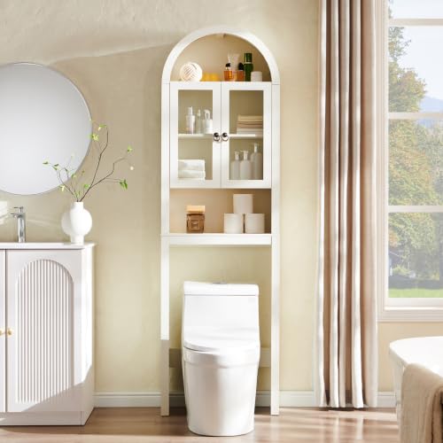 IFGET Arched Over The Toilet Storage Cabinet with Acrylic Doors, Modern Over Toilet Bathroom Organizer Shelf, Small Wooden Bathroom Storage Cabinet with Adjustable Shelf, Space Saver, Antique White - color: Antique White