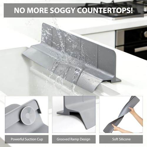 23Inch Sink Splash Guard – Extended Length & Tall Silicone Kitchen Sink Splash Guard with Overhang Drainage Design & Strong Suction Cups for Countertop (Dark Grey, 23''x3.5'') - color: Dark Grey, size: 23''x3.5''