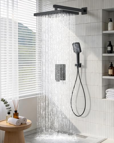 Matte Black 13-Inch Rainfall Shower System - Premium Shower Head & Handheld Sprayer, Complete Bathroom Set with Faucet Mixer Trim Kit & Valve - color: Matte Black, size: 13''
