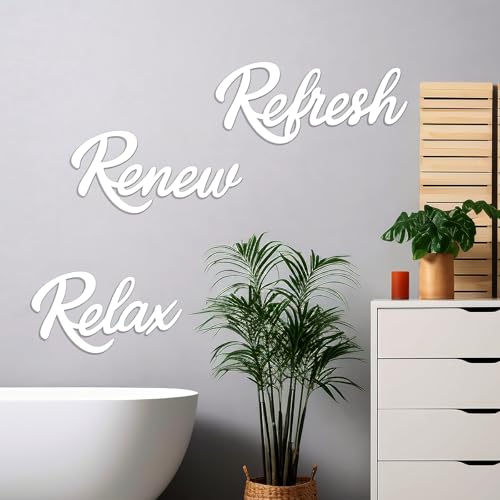 3 Pieces Bathroom Decor Wooden Bathroom Sign,Relax Renew Refresh Sign (White) - color: White