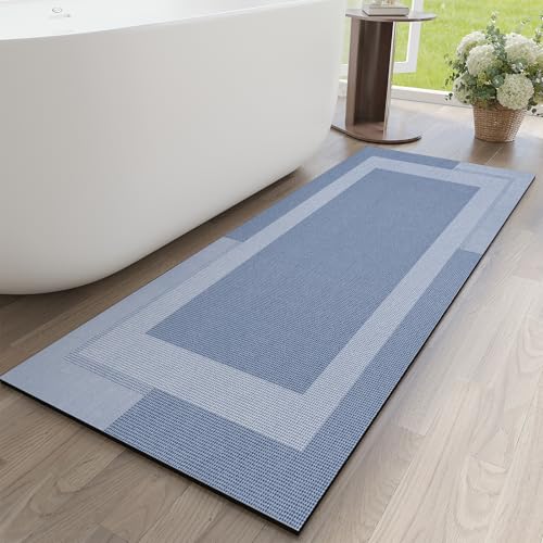 YDKGL Non Slip Long Bathroom Runner Rug Bath Mat, Rubber Backing Ultra Thin Bathroom Rugs Fit Under Door Quick Dry Super Absorbent Washable Shower Mat for Bathtub Sink Floor, Blue 17"x59" - color: A- Blue, size: 17” x 59“