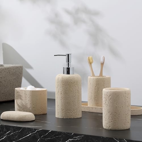 Bathroom Accessories Set, 5PCS, Travertine Stone Look, Yellow | Modern Bathroom Accessory Set with 13.53OZ Soap Dispenser, Mouthwash Cup, Toothbrush Holder, Qtip Holder, Vanity Tray - color: Yellow