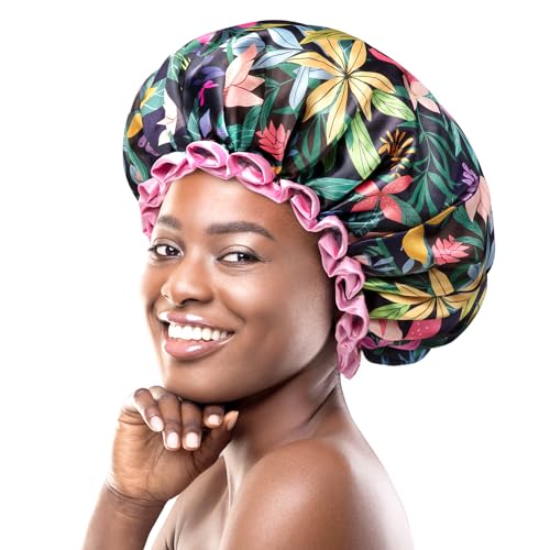 mikimini Rainforest Large Shower Caps Pack of 2, Shower Cap for Women Long Hair with Pink Lace, Reusable Waterproof Shower Hat for Girls - size: X-Large (Pack of 2)