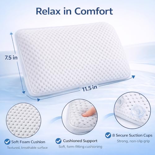 Bath Pillow for Tub with 8 Suction Cups and Drying Hook, Non-Slip Bathtub Headrest Foam Cushion, Waterproof, 11.5 x 7.5 x 2 Inches - size: 12.5" x 12"