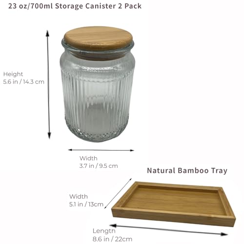 Decorative Glass Containers Canisters with Airtight Wooden Lids 2 PACK,Food Jar for Kitchen,Bathroom Bath Salts Decor Organizers Countertop Holder with Vanity Tray (Stripe Embossed, 23oz) - color: Stripe Embossed, size: 23oz