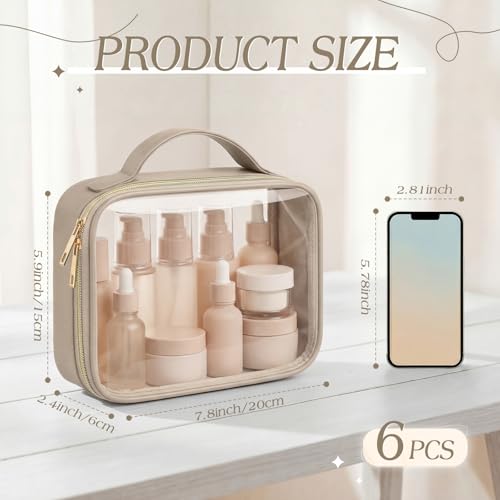 Abbylike 6 Pcs Clear Makeup Bags Bulk 7.9 x 5.9 x 2.4 Inches Quart Size Approved PU Leather Toiletry Bag with Handles Small PVC Clear Travel Cosmetic Case for Women Wedding Bridal Gifts(Kahaki) - color: Kahaki