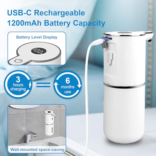 OHIFAST Automatic Liquid Soap Dispenser Touchless, USB Rechargeable Smart Hand Soap Dispenser, 6-Level Adjustable, 12.8oz/380mL Wall Mounted for Bathroom Kitchen Accessories Dish Soap-White - color: White, style: Liquid