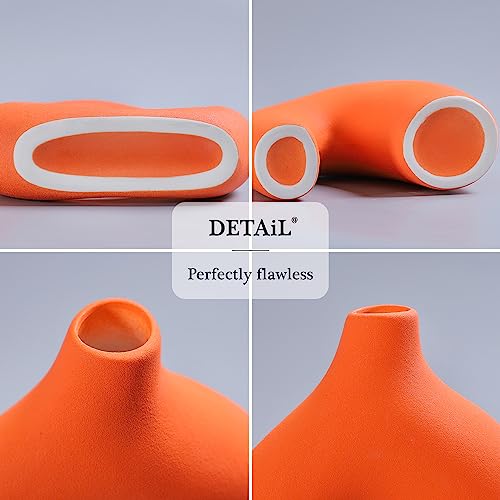 CEMABT Orange Ceramic Vase Set of 2 for Modern Minimalist Bohemian Decor，Round Matte Donut Vases for Pampas Grass-Perfect for Living Room, Dining Table, Office Bedroom Shelf Decor Entryway, Console - color: Orange