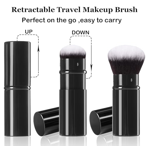 Retractable Kabuki Brush, 2 Pack Travel Foundation Face Makeup Brush Set | Powder Makeup Brushes for Blush, Liquid, Cream, Cosmetics, Loose Powder, Bronzer, with Aluminum Handle, Cover - color: Black