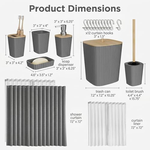 Bathroom Accessory Set 7 Pcs, Plastic Bathroom Set with Bamboo Cover Include Soap Dish, Toothbrush Holder, Mousewash Cup, Shower Curtain Set, Soap Dispenser, Trash Can & Toilet Brush - color: Grey, size: 7pack