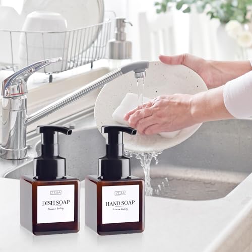 250ML Foaming Soap Dispenser, 2-Pack Plastic Hand Soap Dispenser, Refillable Leakproof Foam Pump Bottle with Waterproof Labels, for Shampoo, Body Wash - color: Brown, size: 250ML