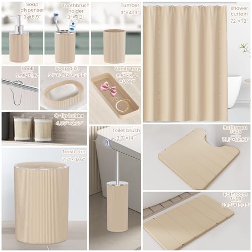 Beige Bathroom Accessories Set - Bathroom Sets, 25PC Bath Accessory Set, Bathroom Sets with Push Top Trash Can, Shower Curtain and Rugs, Toilet Brush, Trash Can & Soap Dispenser - color: Beige & Silver, size: 25-Piece Set (Accessories + Shower Curtain + R