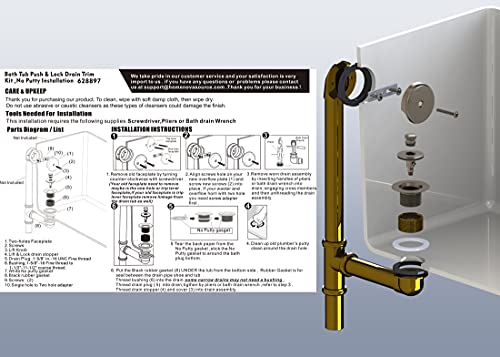 Artiwell Push & Lock Tub Trim Set with Single-Hole Overflow Faceplate, Bathtub Conversion Kit Assembly with Conversion Bar, Universal Fine/Coarse Thread, No Putty Installation (Chrome Plated) - color: Chrome Plated