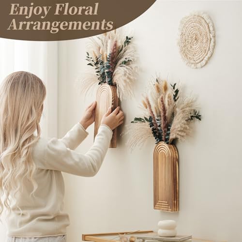 2 Pack Wooden Wall Vase Set with Pampas Grass Eucalyptus, Modern Farmhouse Boho Wall Decor for Living Room, Entryway, Hallway, Bathroom, Dining Room, Brown Wall Art for Home Decoration - color: Brown With Dry Flowers