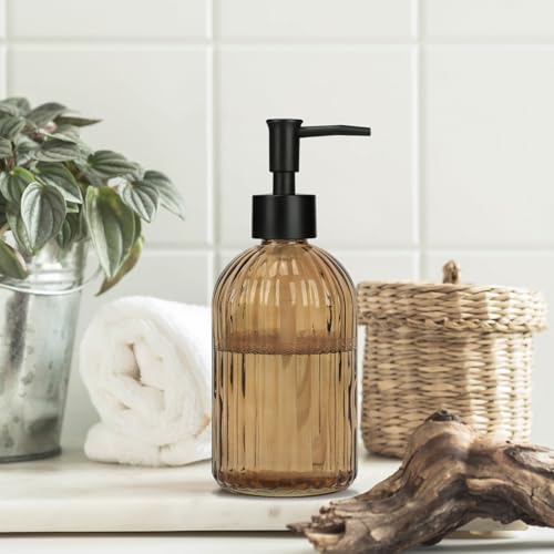 1 Pack 13.5oz Glass Soap Dispenser with Plastic Pump, Vertical Stripe Design Refillable Hand Soap Dispenser for Hand Wash - color: Dark Brown