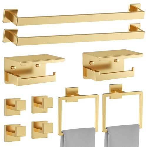 10 Pieces Brushed Gold Towel Bar Set Bathroom Hardware Accessories Set Upgraded Toilet Paper Holder Towel Holder/Racks Set for Bathroom Stainless Steel Wall Mounted 23.6in - color: 10pcs-gold