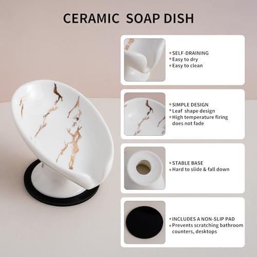 Agyiuns Soap Dish, Soap Holder Self Draining Leaf Shape Soap Dishes，White and Gold Marble Pattern Ceramic Draining Soap Tray for Shower, Bathroom Sink, Kitchen (Small Size-Marble White, 1) - color: Small Size-marble White