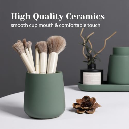 INGOFIN 3 Pcs Ceramic Bathroom Accessory Set - Liquid Soap Dispenser, Toothbrush Holder & Tray, Bathroom Counter Set, Countertop Essentials for Home, Guest Bathroom, or Office Use, Matte Green - style: Liquid-Matte Green