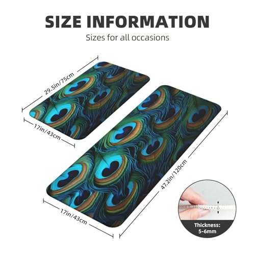 Peacock Green Feather Kitchen Rugs Mats Set of 2 Pcs Non-Slip Floor Mats Washable Runner Rugs Set for Bathroom Laundry Hallway Kichen Comfort Standing Mat - color: Peacock Green Feather