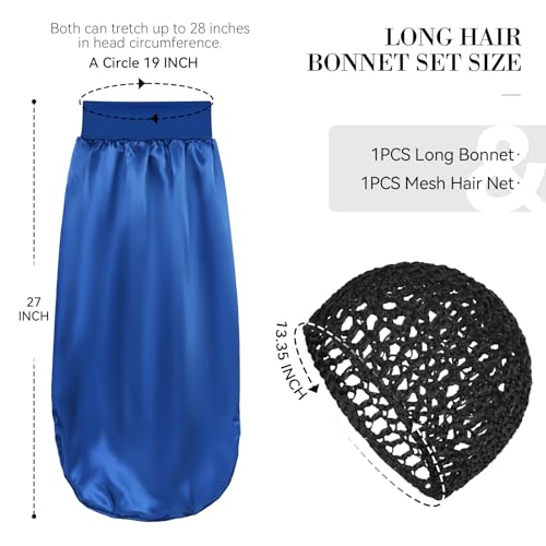 Long Bonnet for Braids-Silk Press Wrap for Hair Set Satin Big Bonnet Anti Frizz 2 Piece Set Reusable Elastic Mesh Wrap Cap Braid Accessories for Curly, Braids Hair (black net, blue bonnet) - color: Black Net, Blue Bonnet
