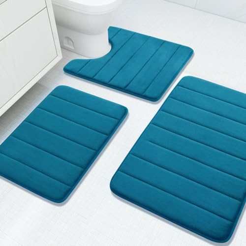 Buganda Memory Foam 3 Pieces Bathroom Rugs Set - Thick Soft Absorbent Bath Mats, Washable Small/Large/Contour Bath Rugs (24" x 16" + 30" x 20" + 24" x 20", Peacock Blue) - color: Peacock Blue, size: 24" X 16" + 30" X 20" + 24" X 20"