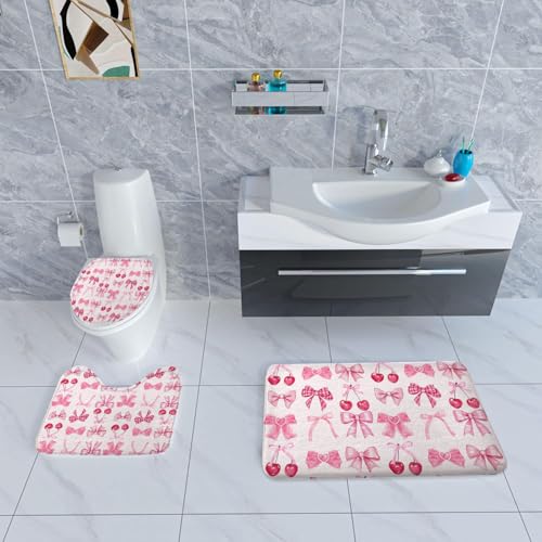 4PCS Pink Bow Shower Curtains Set, with Non-Slip Rugs, Toilet Lid Cover and Bath Mat, Watercolor Aesthetic Cute Cherry Fruit Fabric Shower Curtain for Bathroom Decor, Waterproof 12 Hooks 72X72 - color: Pink