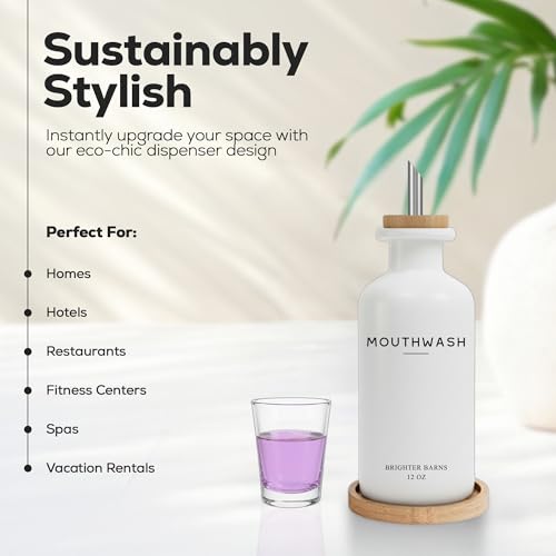 White Glass Mouthwash Dispenser for Bathroom by Brighter Barns - Mouth Wash Dispensers with Stainless Steel Spout, Mouthwash Cup, Tray - Minimalist Bathroom Decor for Hotel, Spa, Dental Office (White) - color: White