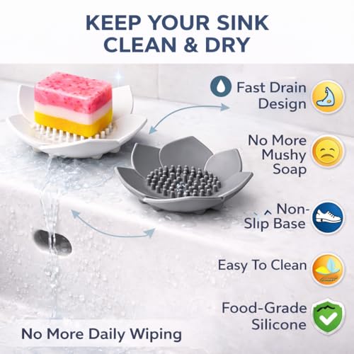 Silicone Soap Dish with Drainage, Flower Shape Soap Holder for Shower & Sink, Non-Slip Soap Saver Tray for Bathroom & Kitchen, Quick Dry Design, 2 Pack