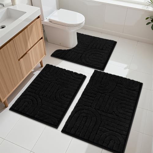 Vaukki Bathroom Rugs Sets 3 Piece, Black Washable Non Slip Soft Bath Mats for Shower and Tub, Plush Absorbent Microfiber Toilet Rug U Shaped, 32x20+26x18+24x20 Inch - color: Black, size: 18''x26''+20''x32''+20''x24''