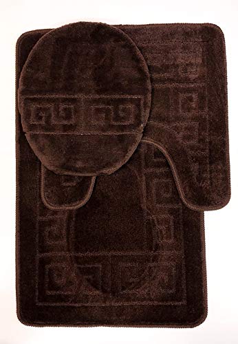 3 Piece Bath Rug Set Pattern Bathroom Rug (20"x32")/Large Contour Mat (20"x20") with Lid Cover (Brown) - color: Brown