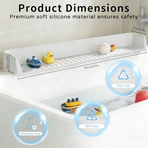 Splash Guard for Bathtub, 31-Inch Silicone Tub Toy Tray for Kids | Bathtub Splash Guard for Kids, Tub Edge Guard with Toy Holder Shelf to Help Reduce Spills and Keep Floors Dry - color: White