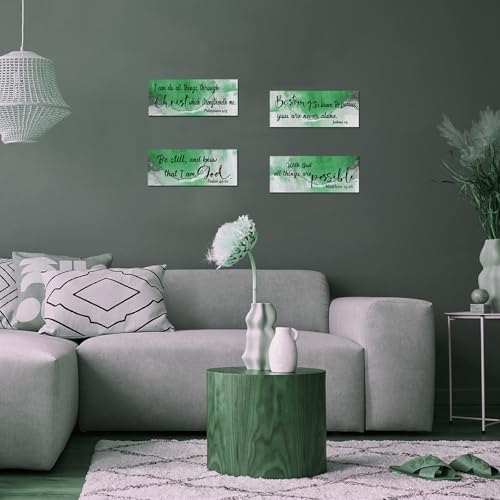 4 Pcs Green Bathroom Decor Christian Wall Art Abstract Bible Verse Wall Decor Rustic Inspirational Wood Bathroom Accessories For Bedroom Kitchen Office(10 x 4 Inches, Green) - color: Green
