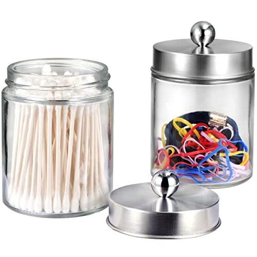 Amolliar 4 Pc Glass Apothecary Jars - Countertop Qtip Dispenser Holder with Stainless Steel Lids&Cute Stickers -Bathroom Vanity Storage Organizer Set for Qtips,Cotton Swabs/Rounds (Brushed Nickel) - color: Brushed Nickel