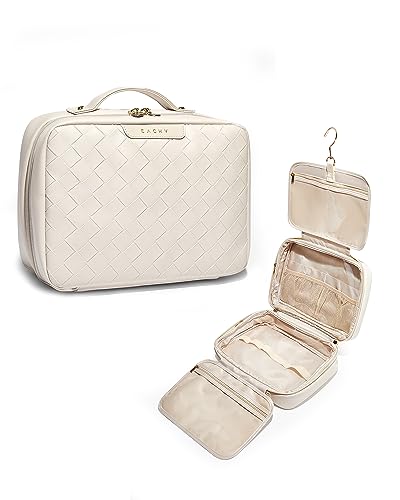EACHY Travel Toiletry Bag with Hanging Hook, Portable Makeup Cosmetic Bags for Women, Water-Resistant Full-Size Travel Accessories (Plait White) - color: A-Plait White