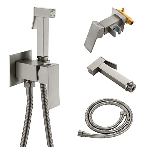 SHAMANDA Warm Water Bidet Sprayer for Toilet with Hot and Cold Brass Rough-in Valve, Stainless Steel Handheld Bidet Attachment Set for Feminine, Pets and Baby Diaper Wash, Brushed Nickel, BDS08-2 - color: Brushed Nickel, style: Hot & Cold Water Modes-Squa