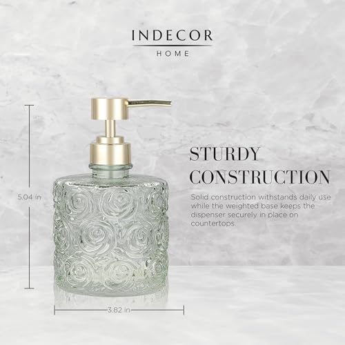 Marcella Glass Soap Dispenser with Soap Pump, Refillable 14 Ounce Capacity, Floral Design Rose Patterns, Heavy Weight Thick Glass for Bathroom, Premium Kitchen Soap Dispenser Reseda Sage - color: Reseda Sage