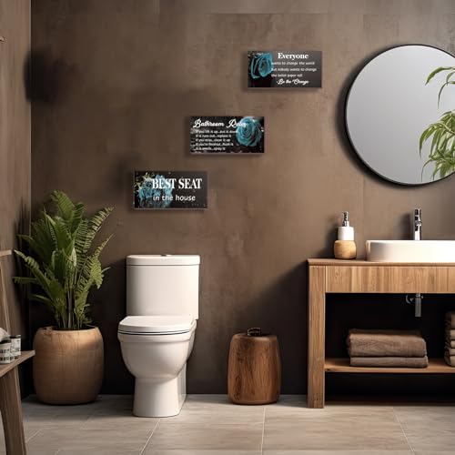 DONFENTHY 3 Pcs Blue Bathroom Rules Decor Rustic Farmhouse Wooden Best Seat in The House Rose Hanging Wall Art Bathroom Accessories for Toilet (Blue 10x5") - color: Blue 02